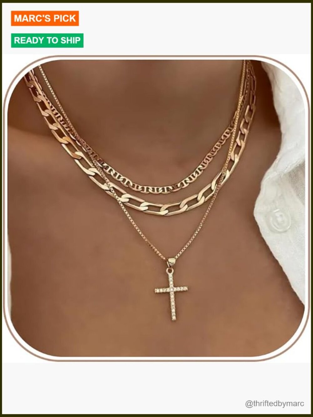 3-Piece Layered Cross Necklace Set Dainty Gold Paperclip Mariner Chain CZ